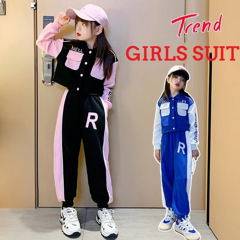 

Spring Autumn Girls Contrast Single-breasted Alphabet Crop Workwear Jacket+Sweatpant School Kids Tracksuit Child Outfit 3-16 Yrs