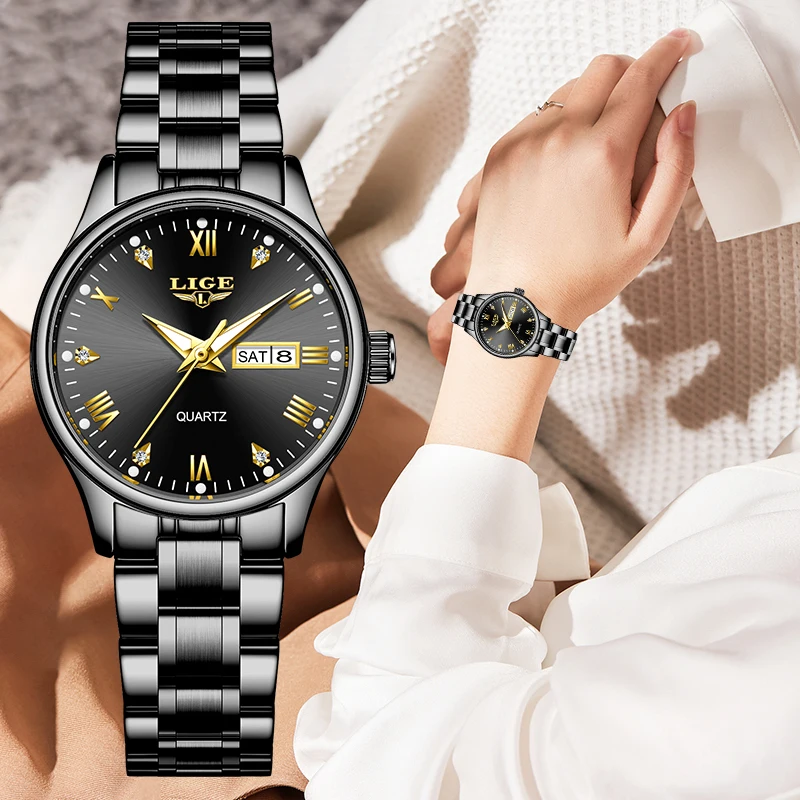 LIGE Luxury Casual Sport Quartz Auto Date Week Watches for Woman Fashion Retro Stainless Belt Diamond Dial Wrist Watch For Women