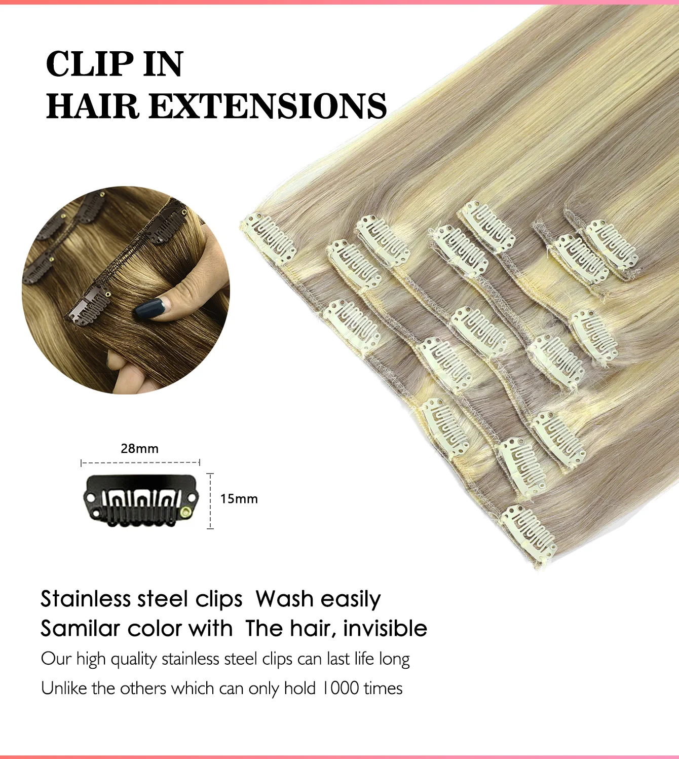 7 قطعة وصلات شعر بمشبك شعر بشري حقيقي شعر ريمي تسليط الضوء على اللون الأشقر كامل الرأس وصلات شعر برالزيان