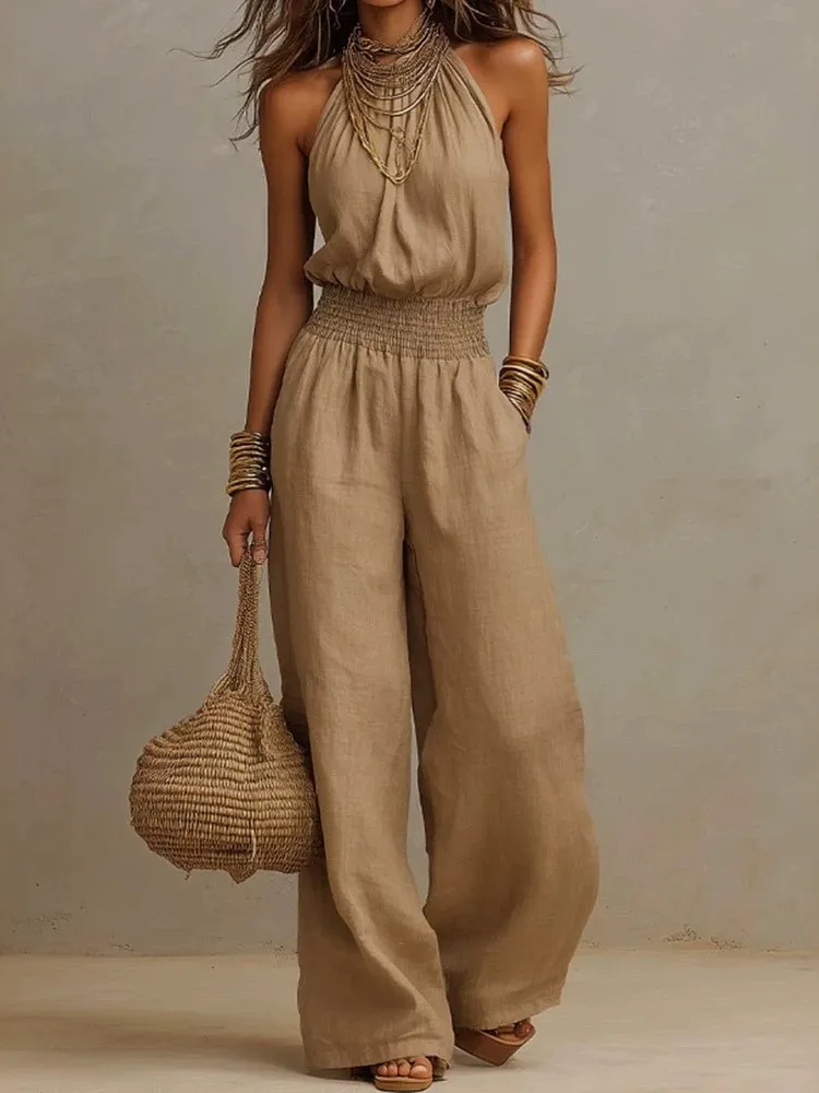 Women Elegant Chiffon Sleeveless Jumpsuit High Waist Pleated Flowy Wide Leg One Piece Overalls Holiday Casual Streetwear Rompers