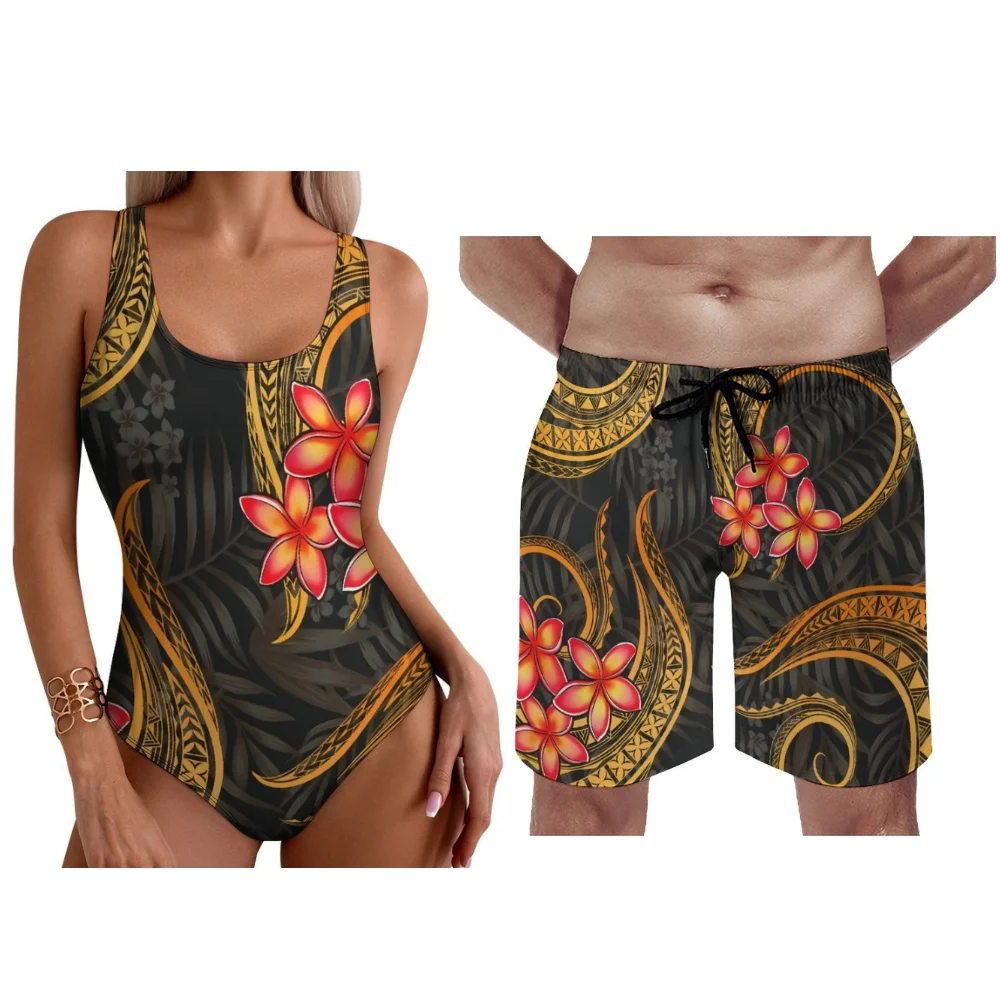 

Customizable Polynesian Women Halter Men Boardshort Plumeria Sunset Print Hawaii 2025 Quick Dry Yearround Surf Set