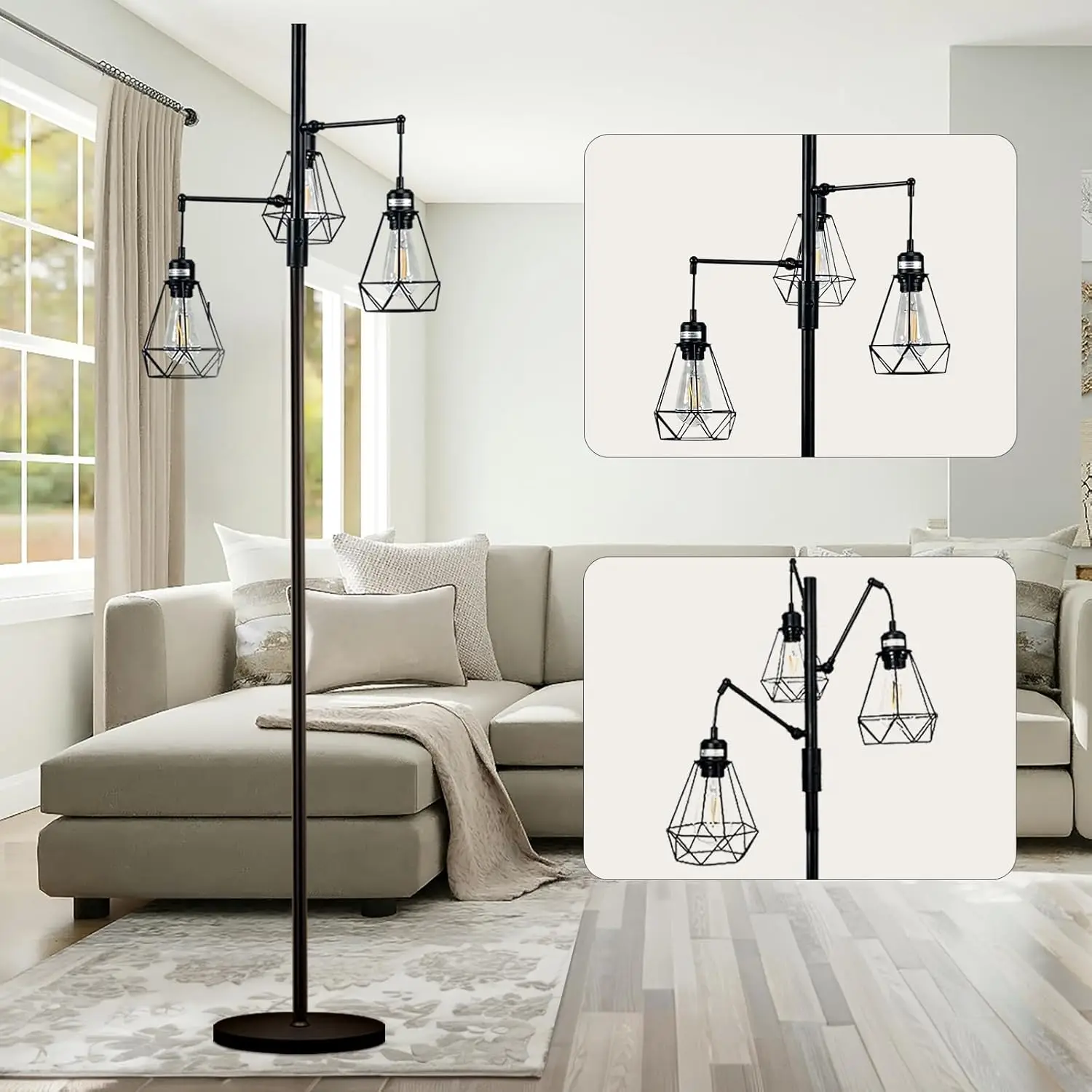 

69''Dimmable Floor Lamp，Industrial Tree Floor Lamp With 3 Birdcage Hanging Cage Heads Up-Down Adjustment Branch Strong Base