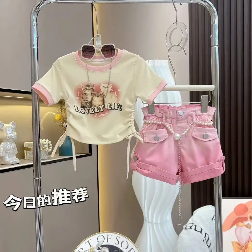 2025 New Retail New Baby Girls Summer Teenage Fashion Sets Cartoon Top+ Pink Shorts Princess Sweet Suits 3 4 5 6 7 8 9 10 11 12T