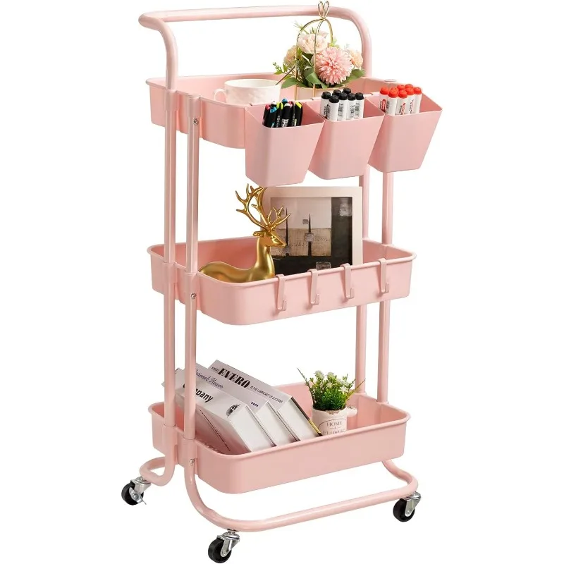 3 Tier Rolling Utility Cart with Lockable Wheels & Hanging Cups & Hooks Storage Organization Shelves for Kitchen, Bathroom