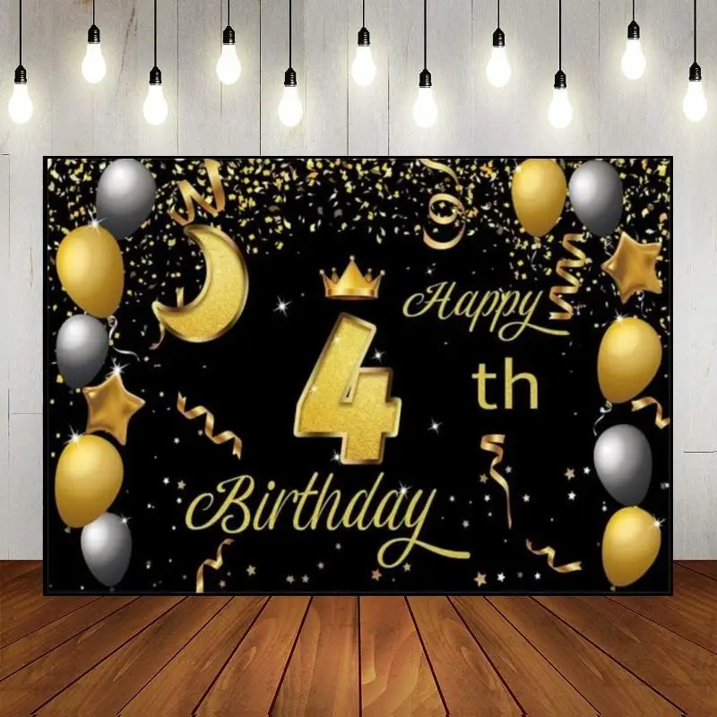 Happy 4th Birthday Background Smash Cake Decoration Boy or Girl Golden Photo Prince Invitation Game Machine Banner Party Vintage