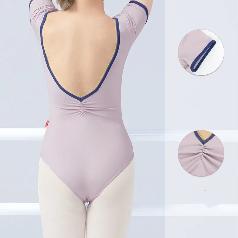 Ballet Leotard Dancewear Women Short Sleeve Deep V Back Gymnastics Skate Dance Wear Dance Leotard Bodysuit Swimsuit