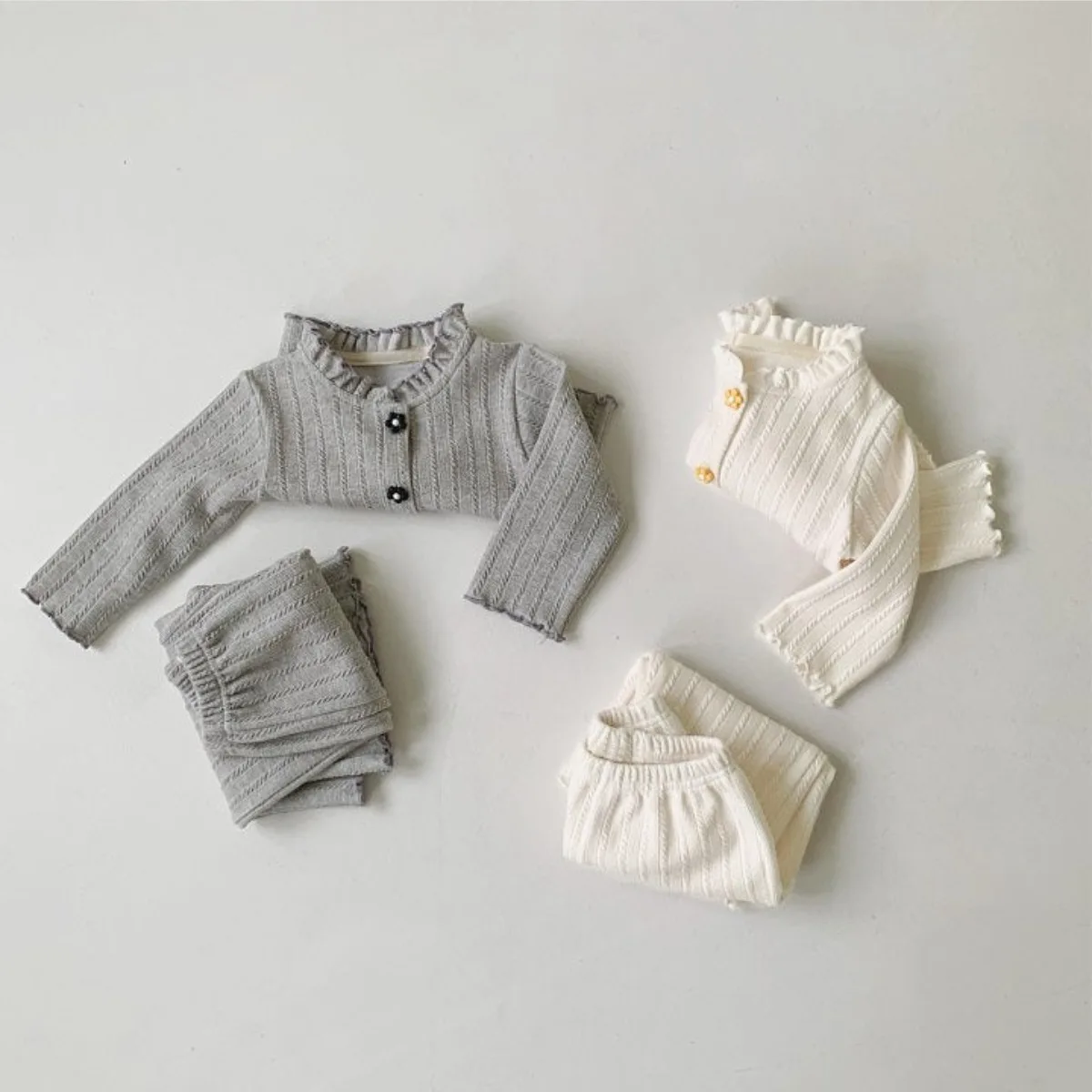 2026 Spring New Baby Long Sleeve Clothes Set Infant Girls Lace Collar Cardigan + Pants 2pcs Suit Solid Toddler Cotton Outfits