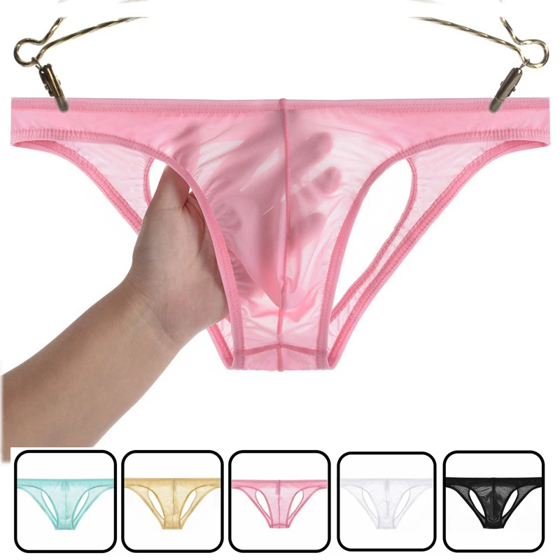 Men's Ice Silk Transparent Double Ding Pants Thin Section Low Waist Sexy Pouch Bag Briefs Men's Youth mens underwear penis
