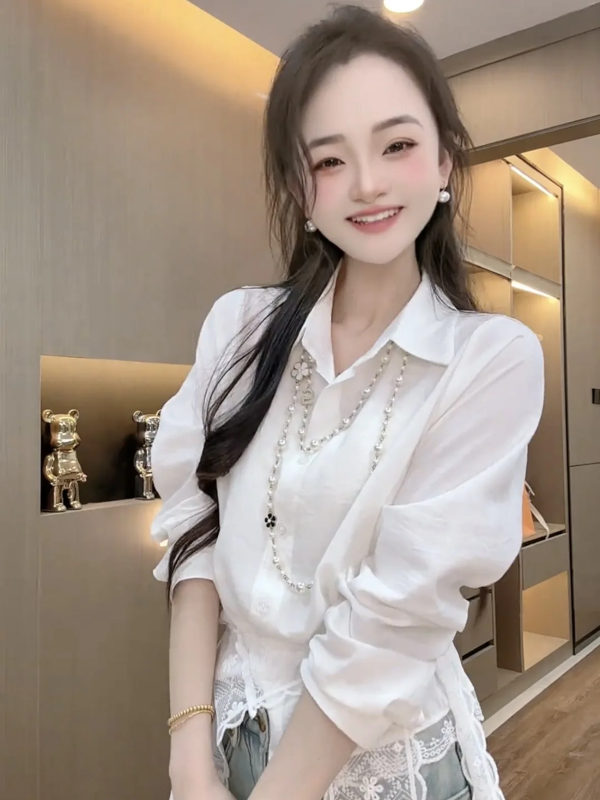 Heben Sle Versatile Lace oulder Wrap irt Women's Spring Design High End Trendy Blouse Korean Loose Fit Long Sve