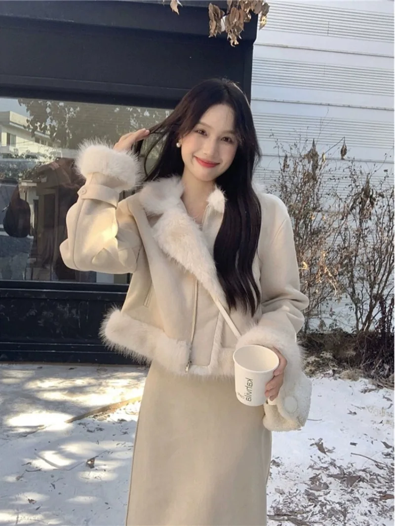 

Temperament Sweet Plush Splice Coat Skirt Two Piece Set Women Fashion Soft Solid Gentle Celebrity Slim Winter Chic Female Suit