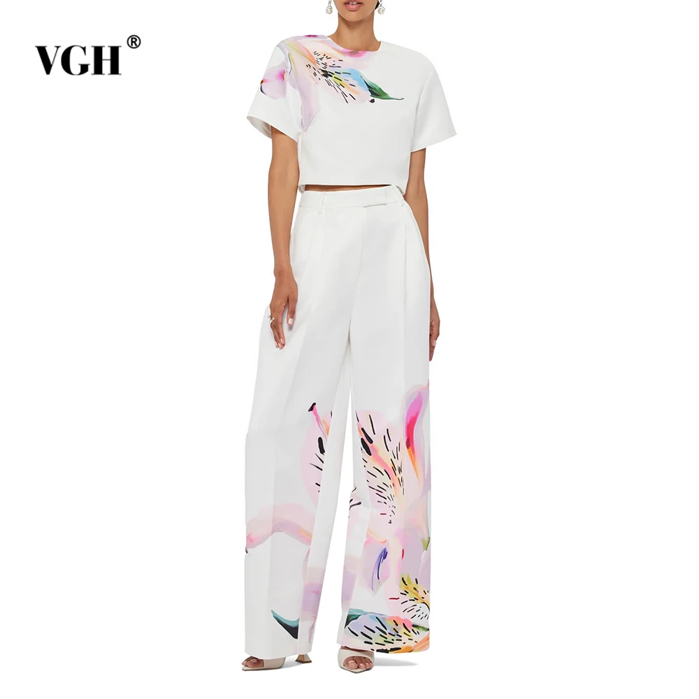 

VGH Slimming Casual Printing Two Piece Sets For Women Round Neck Short Sleeve Top High Waist Pants Elegant Set Female Fashion
