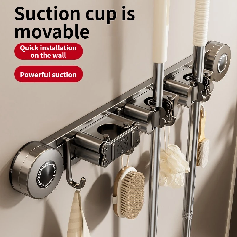 No Drill Suction Cup Mop Holder Wall Mount Mop Clamp Heavy Duty Broom Storage Hook Organizer - view 3