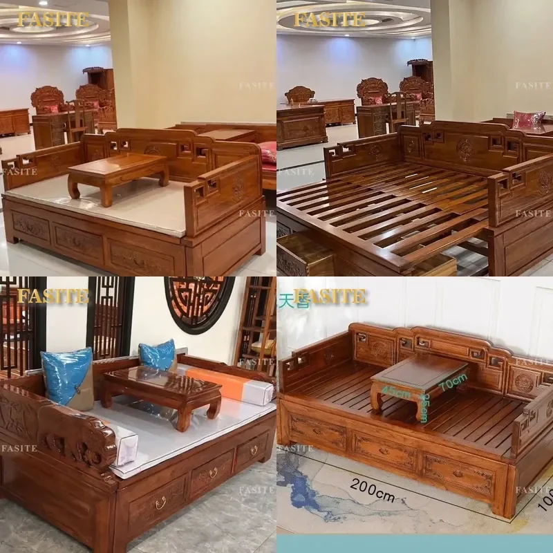 For Old Elm Solid Wood Push-Pull Arhat Bed Multi-Functional Telescopic New Chinese Antique Pull-Out Living Room Sofa Bed