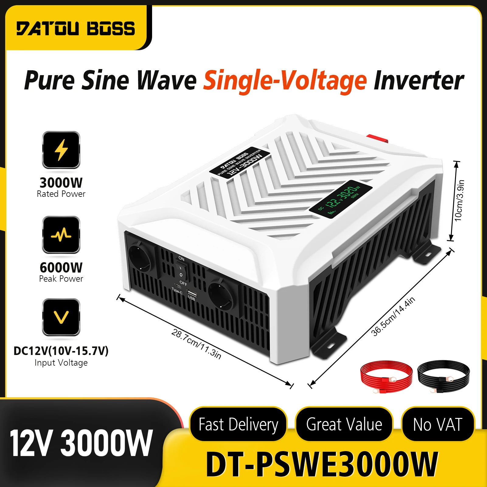 Image of DATOUBOSS 3000W 3500W Reiner Sinus-Wechselrichter Einzelspannung 12V 24V Auto-Wechselrichter für Wohnmobil-Solarenergiespeichersystem OHNE MwSt.