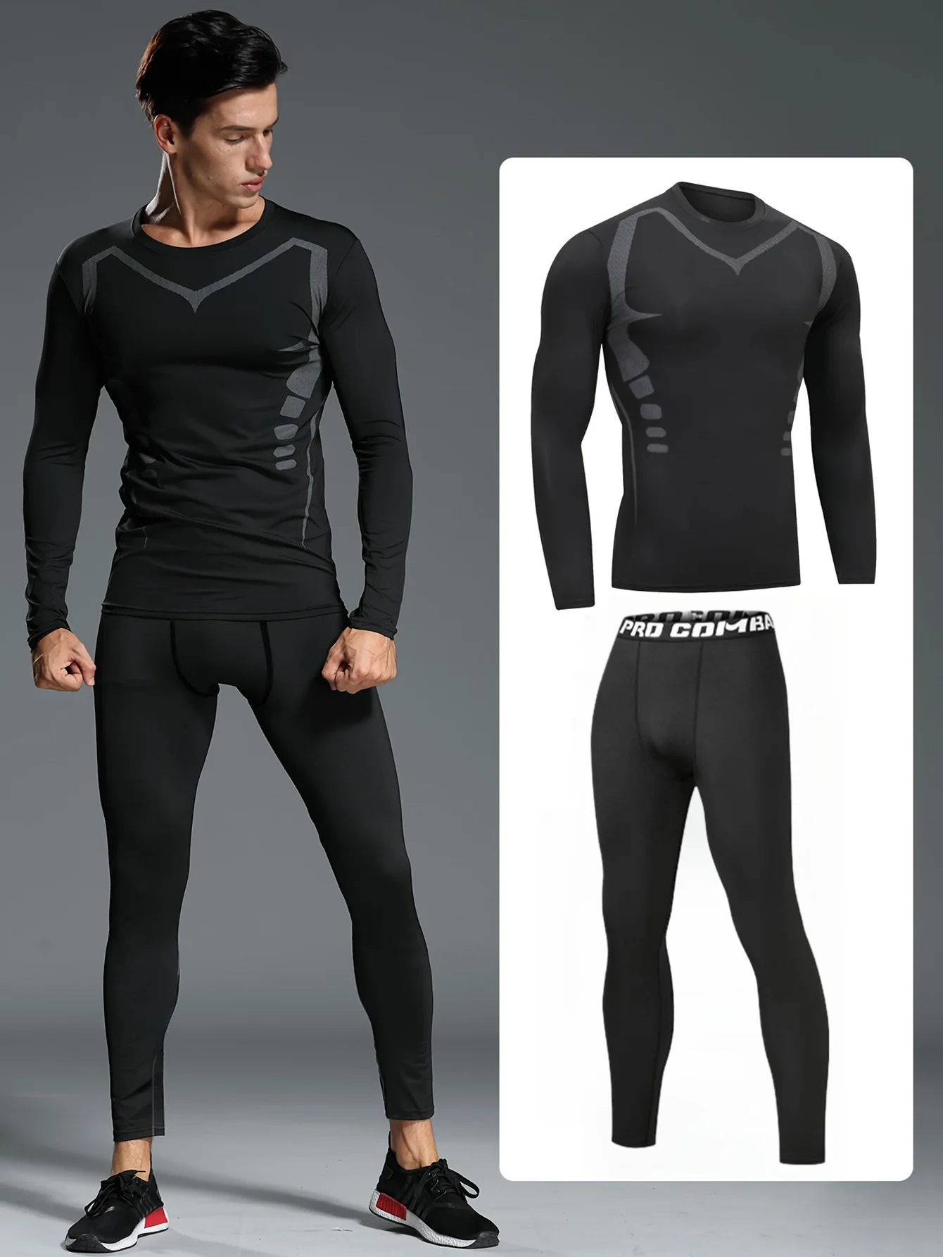 

2-piece men's quick drying exercise set: spring and autumn morning and night running training, tight fitting fitness underwear