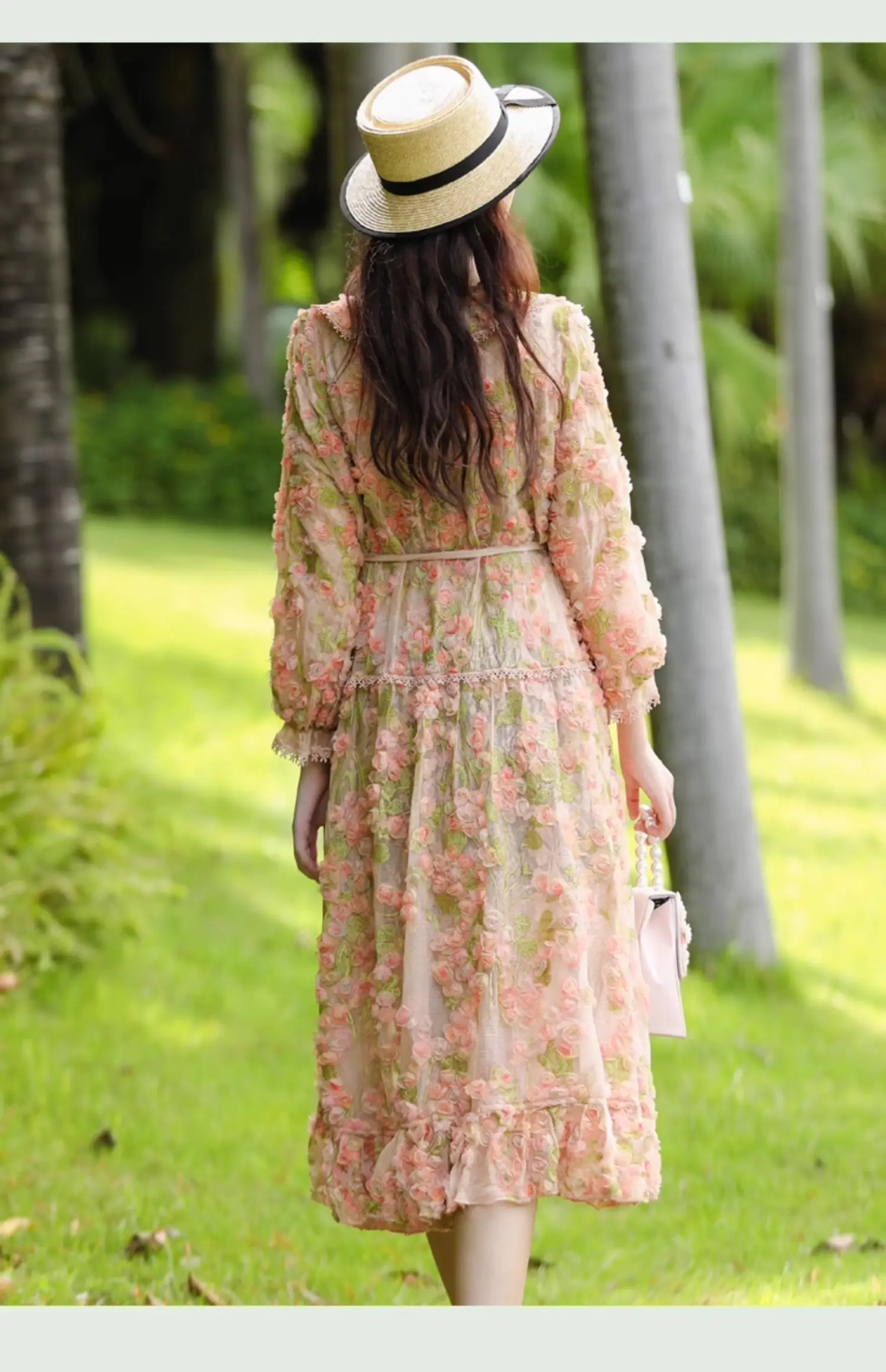 BirdTree, 100%Mulberry Silk Dresses, Women Long Sleeve Embroidery Floral, Retro Sweet Loose Dress, 2024 Summer Autumn D46218QM