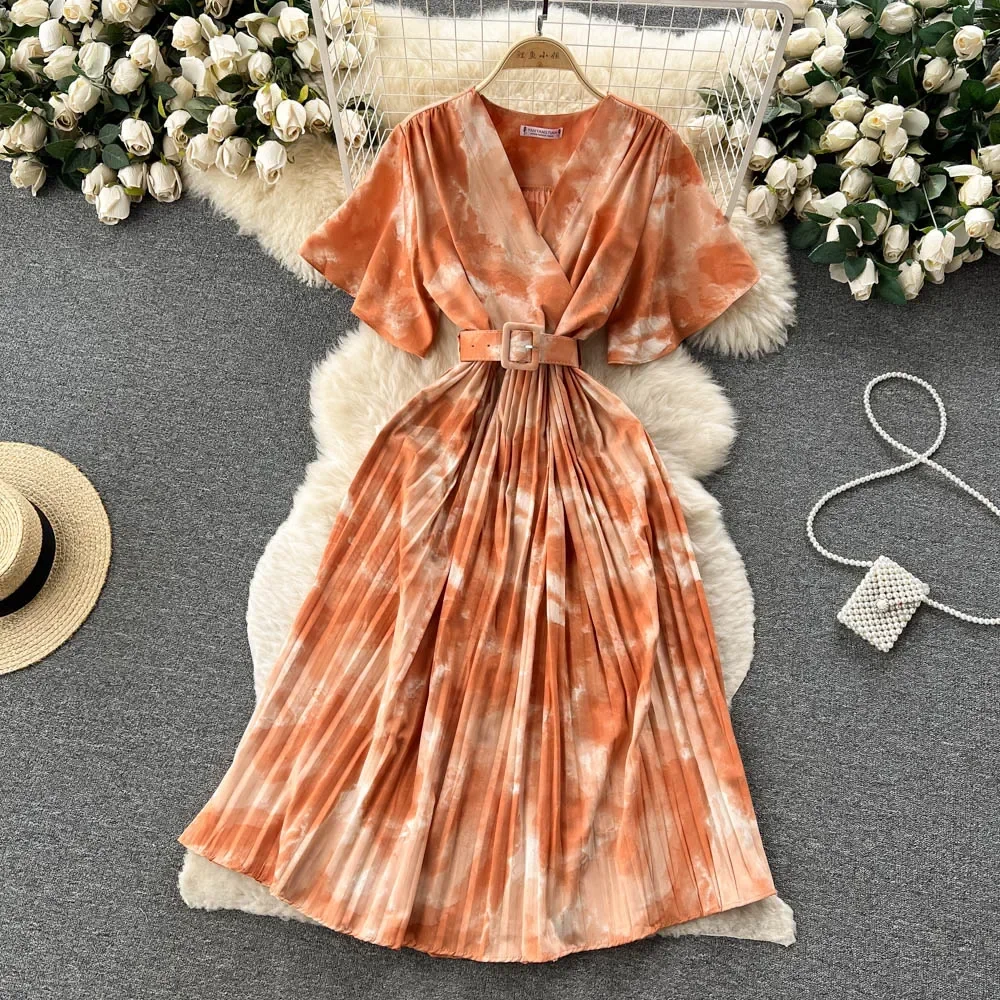 Pink Elegant Solid V-neck Short Sleeve Folds Vestido Women Casual Lace-up Pleated Dress 2024 New Tide Summer