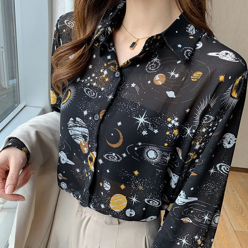 Women Clothing Spring Autumn Trendy Print Harajuku Y2K Shirt Sexy Sheer Long Sleeve Chiffon Blouse Casual Loose Tops Chic Blusas