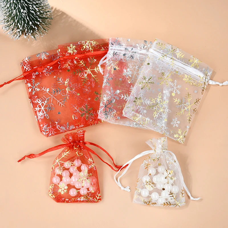 Hot Printing Organza Gift Bag Christmas Snowflake Jewelry Drawstring Bags Xmas Ball Pouches Wedding Chrismas Party Candy Package