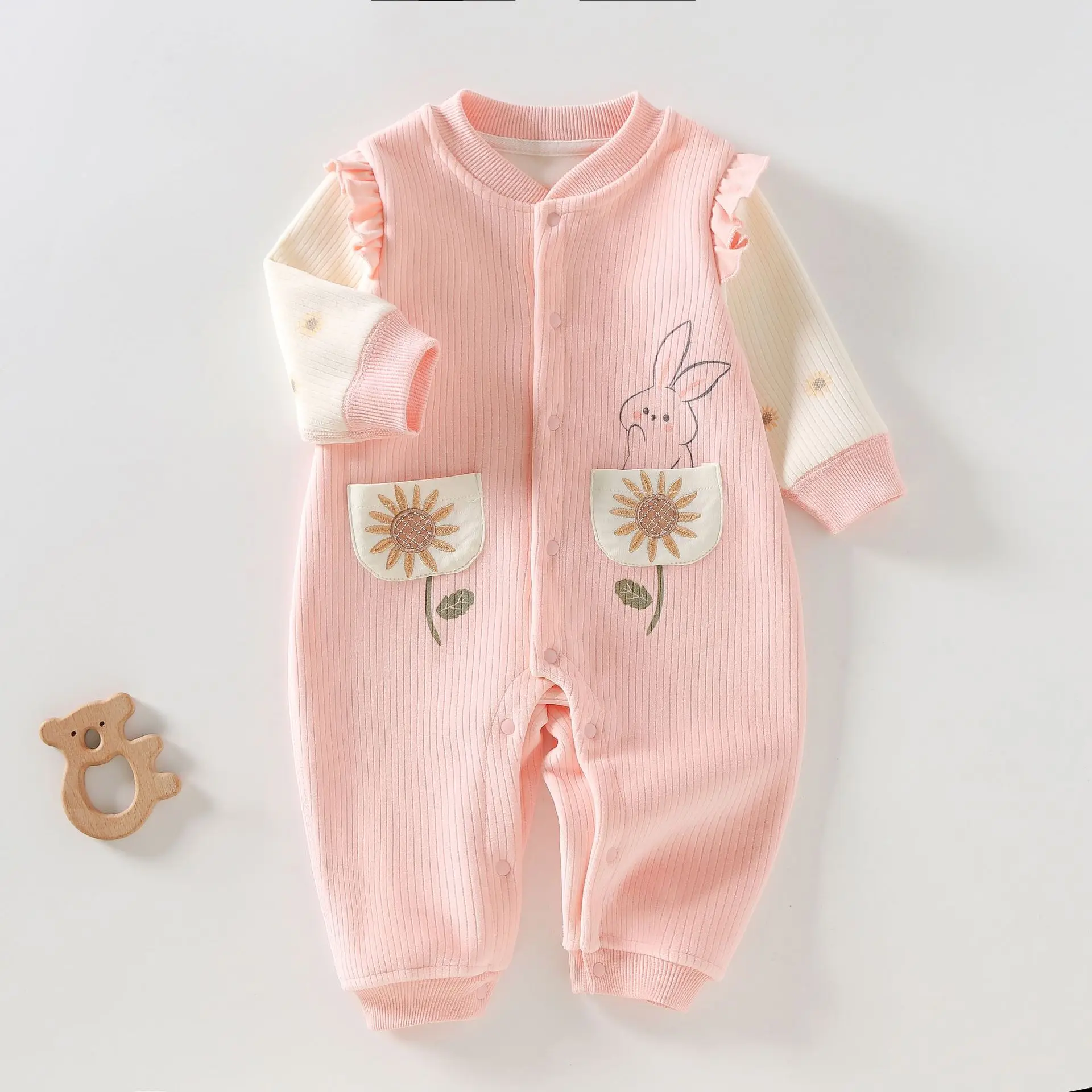 Somenie Infant Baby Bottom Clothes  Cute Sunflower Printed Baby One-piece Comfortable Fleece Pajamas Warm For Four Seasons