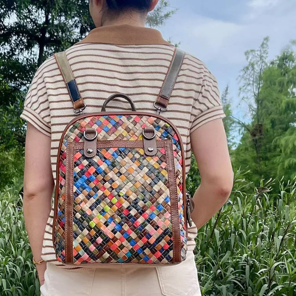 Boho Hand-Woven Leather Backpack, Vintage Multicolor Cowhide Rucksack, European Style Artisan Women's Bag