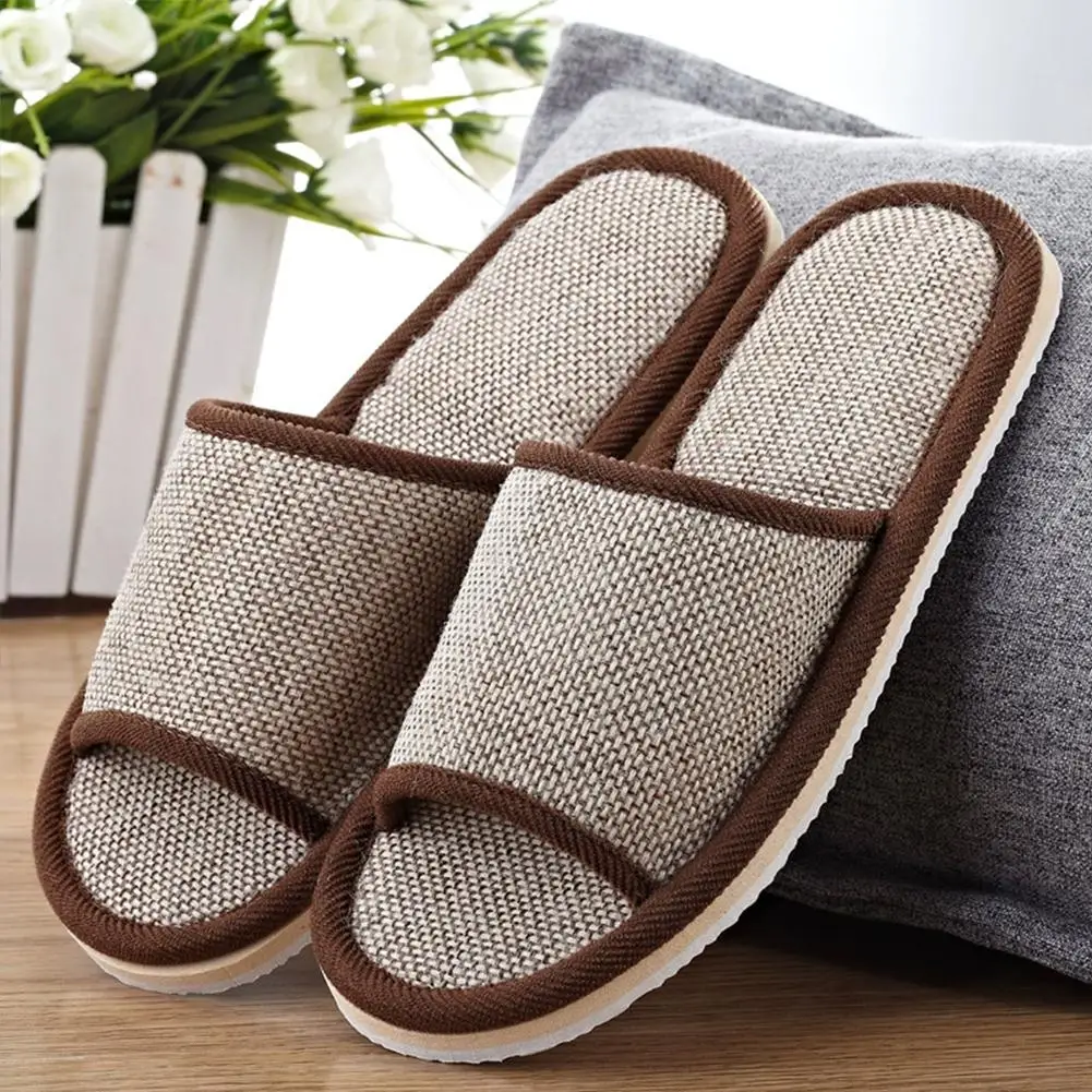Linen Open Toe House Slippers for Women Men Breathable Flax Indoor Slip On Slides Lightweight Cozy Slippers Casual Floor Shoes