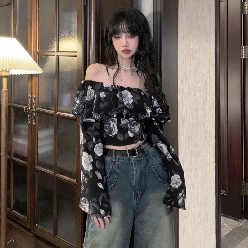 Floral Blouses Women Hotsweet Holiday Vintage Aesthetic Leisure Designer Clothing Korean Fashion Ladies Temper Long Sleeve Chic