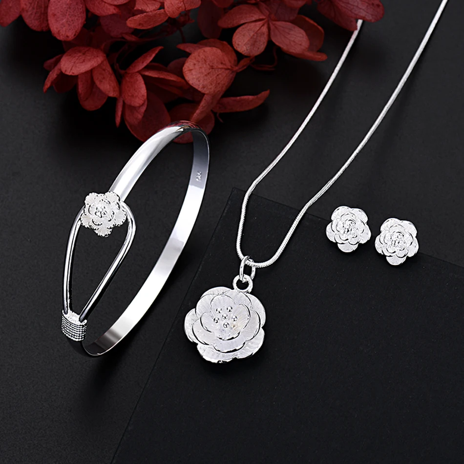 Feine 925er Sterlingsilber-Charm-Blumen-Halskette, Ohrring, Armreif, Schmuck für Frauen, Retro-Set, Hochzeitsgeschenk, trendig, schön – Detail 2