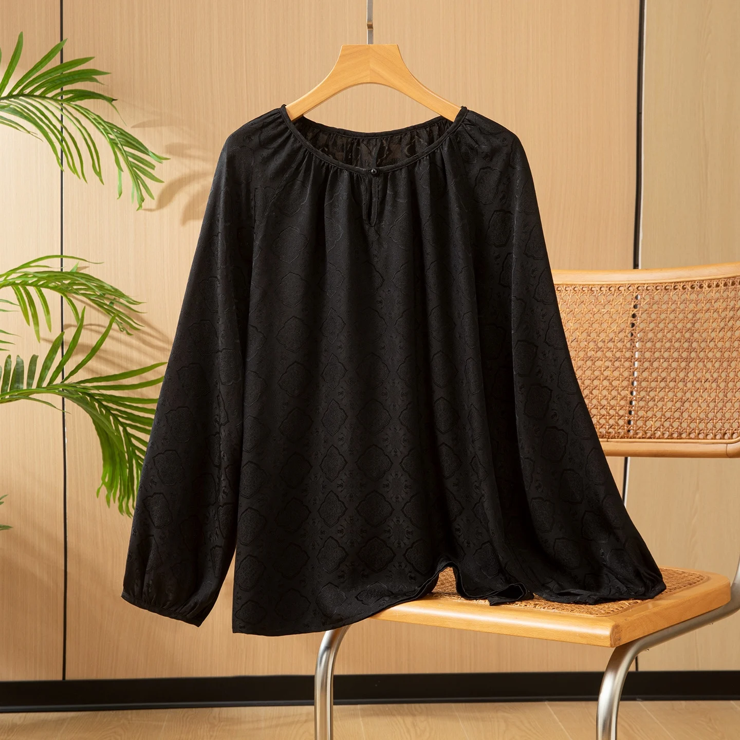 الملابس النسائية 100% التوت الطبيعي الحرير الجاكار زهرة الورد الجولة الرقبة فانوس بأكمام طويلة تنوعا تي شيرت غير رسمي #3