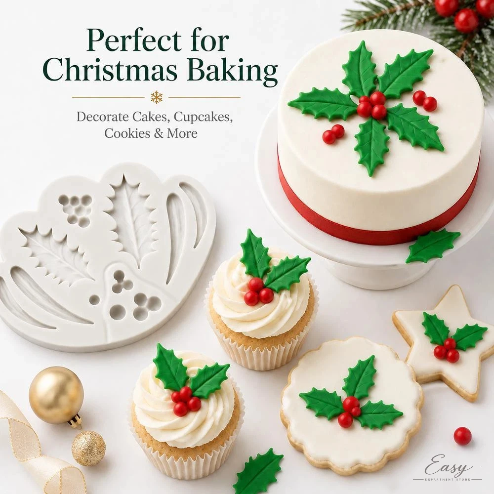 Holly Leaf Berry Christmas Silicone Mold For Chocolate Fondant Cake Decor DIY Candy Baking Pastry Dessert Craft Supplies