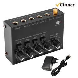 Ultra Low Noise 4 Channel Line Stereo Mixer 4 Input 1 Output DC 5V Mini Audio Mixer Microphone Guitar Bass Keyboard Mixers