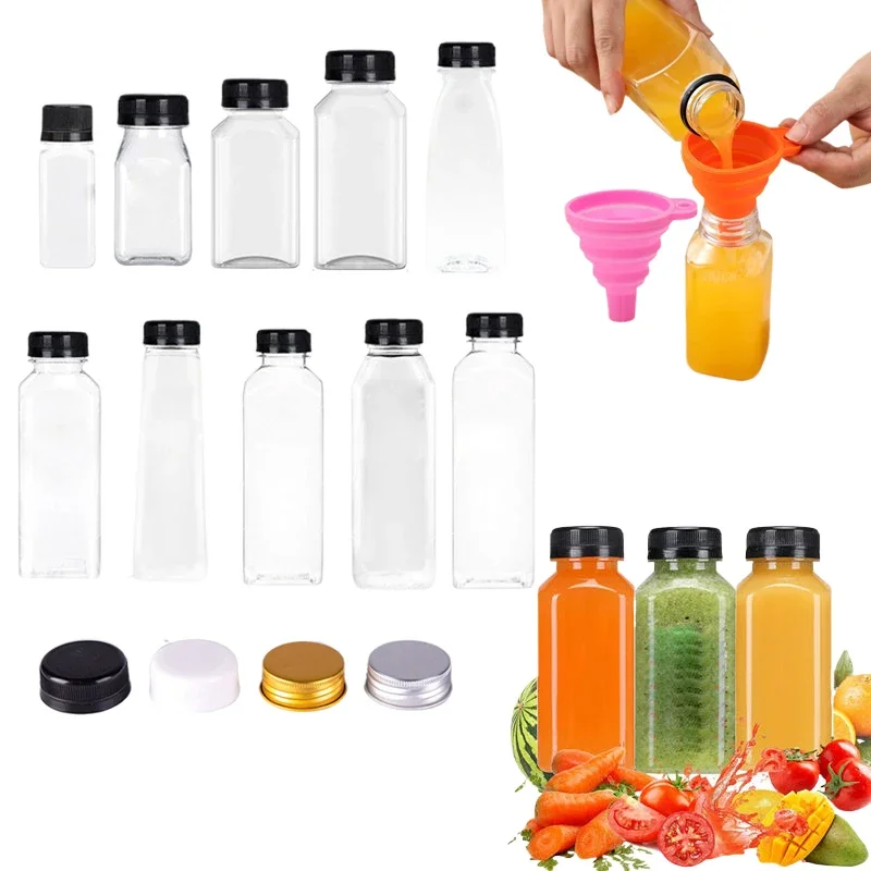 20pcs Empty 60ML-500ML Mini Clear Plastic Juice Bottles W/ Cap & Funnel Portable Juicing Drinks Bottle Reusable Water Containers