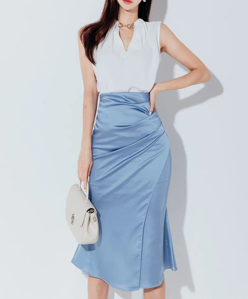 

Chic White Tops + Satin Skirts Women Summer Elegant Korean Fashion Two Piece Sets Office Lady Streetwear Business Skirts Sets