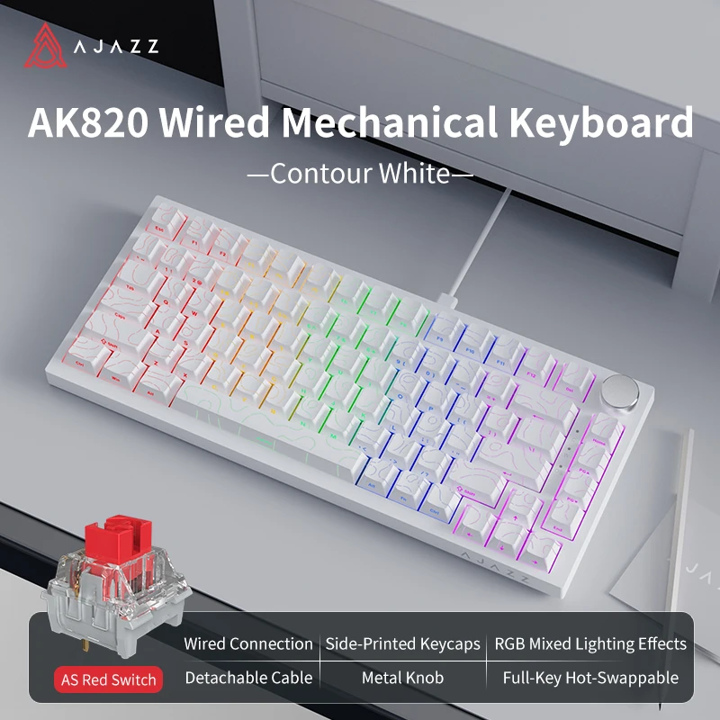 Ajazz AK820 Bedraad Mechanisch Gaming-Toetsenbord Metalen Instelknop 75% Mechanisch Kantoor-Toetsenbord Wit Licht DIY