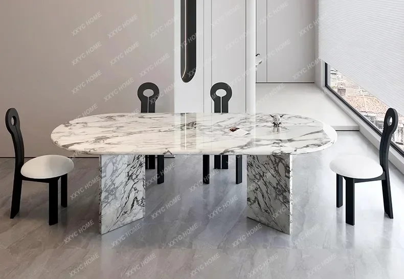 

Customized marble dining table Light luxury Modern cream style luxury stone villa Large dining table