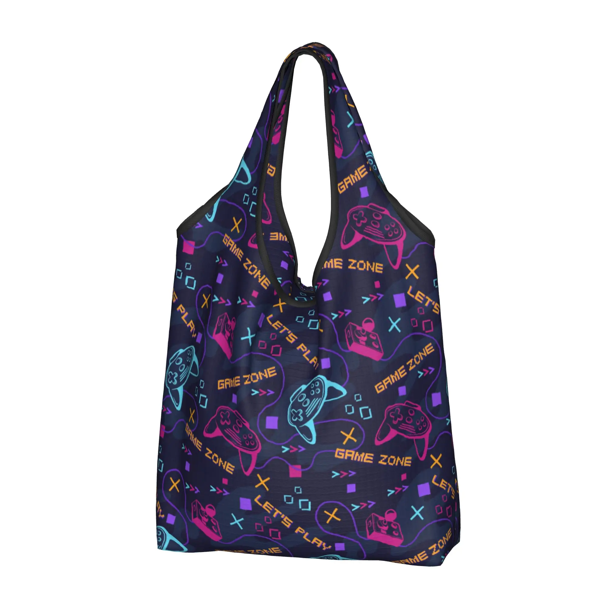 Custom Featuring Neon Game Joystick Controllers Shopping Bag Women Portable Big Capacity Groceries Geometric Shopper Tote Bags