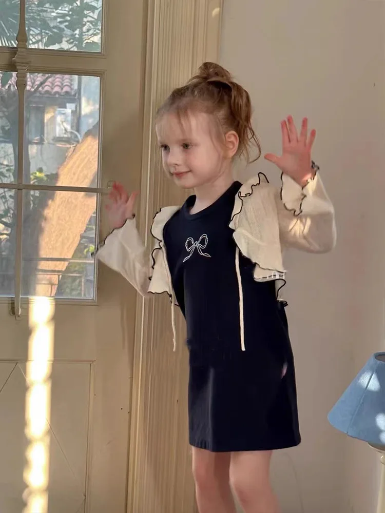 

Girls Thin Dress2024Autumn New Children's Graceful Bow Solid Color Vest Princess Skirt