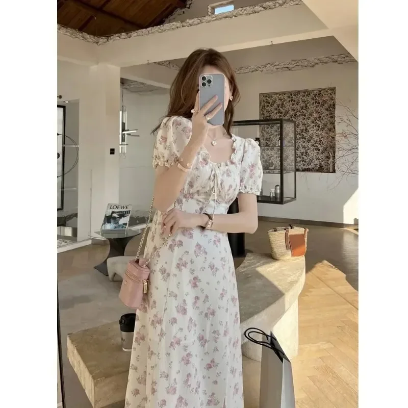 

Women Short Sleeve Dresses Floral Drawstring Lovely Temperament Females Y2k Vintage Sweet High Waist Korean Dress Vestidos 원피스