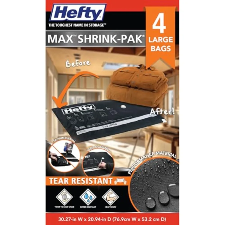 

Hefty MAX Vacuum Seal Storage Bags for Clothing, Travel, Bedding Tear and Water Resistant, Dual-Valve Space Saver Compression B