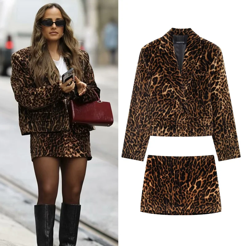 HXAO Leopard Velvet Skirt Set Women\'s Two Pieces Set Autumn Crop Blazer Elegant Women\'s Sets Mini High Waist Skirt Two Piece Set