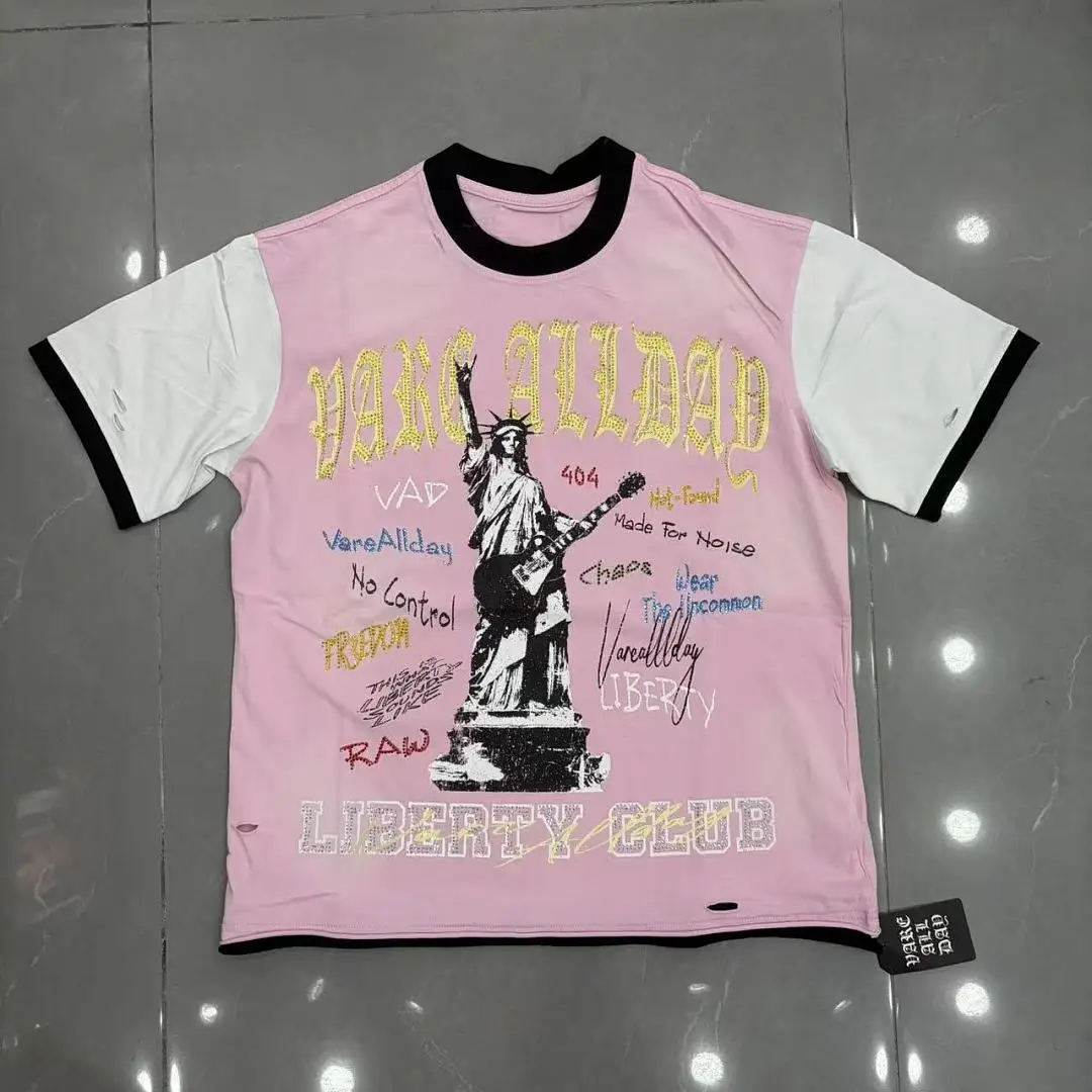 Y2K Liberty Statue Graphic T Shirt Men Rhinestone Pink White Contrast Trim Distressed Vintage Oversized Streetwear Loose Tees