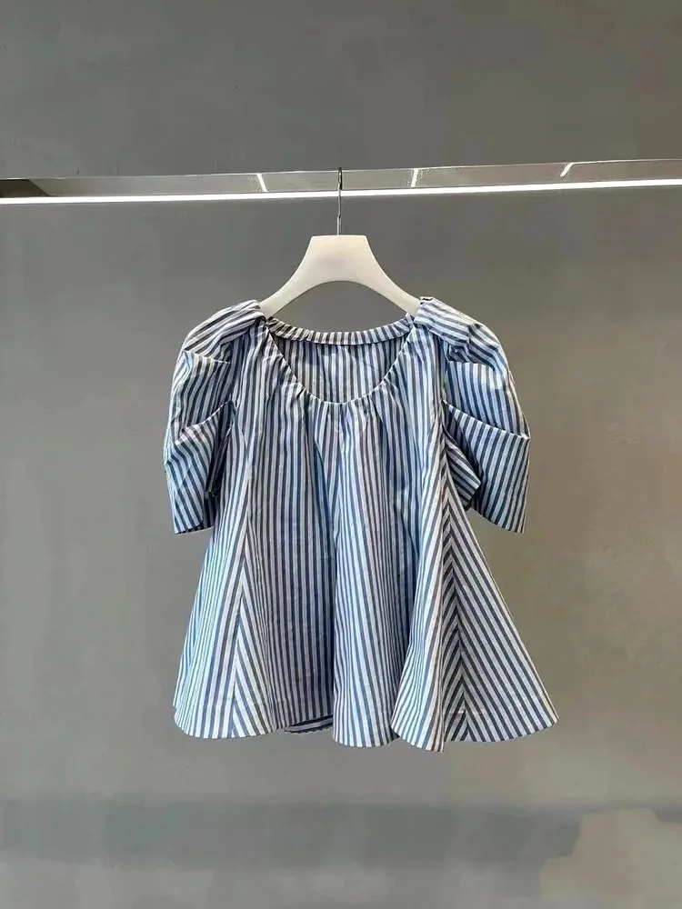 

Свободный полосатый кукольный воротник Bubble Sve irt, женский летний модный универсальный повседневный топ из полиэстера ort Sve Top