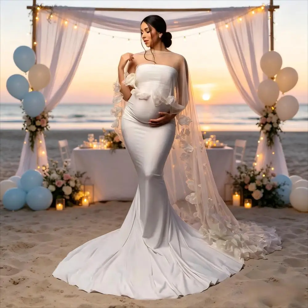 White Strapless Fishtail Pregnant Woman Photo Dress with Three-dimensional Flower Mesh Cloak Maternity Dresses Custom Made Robe