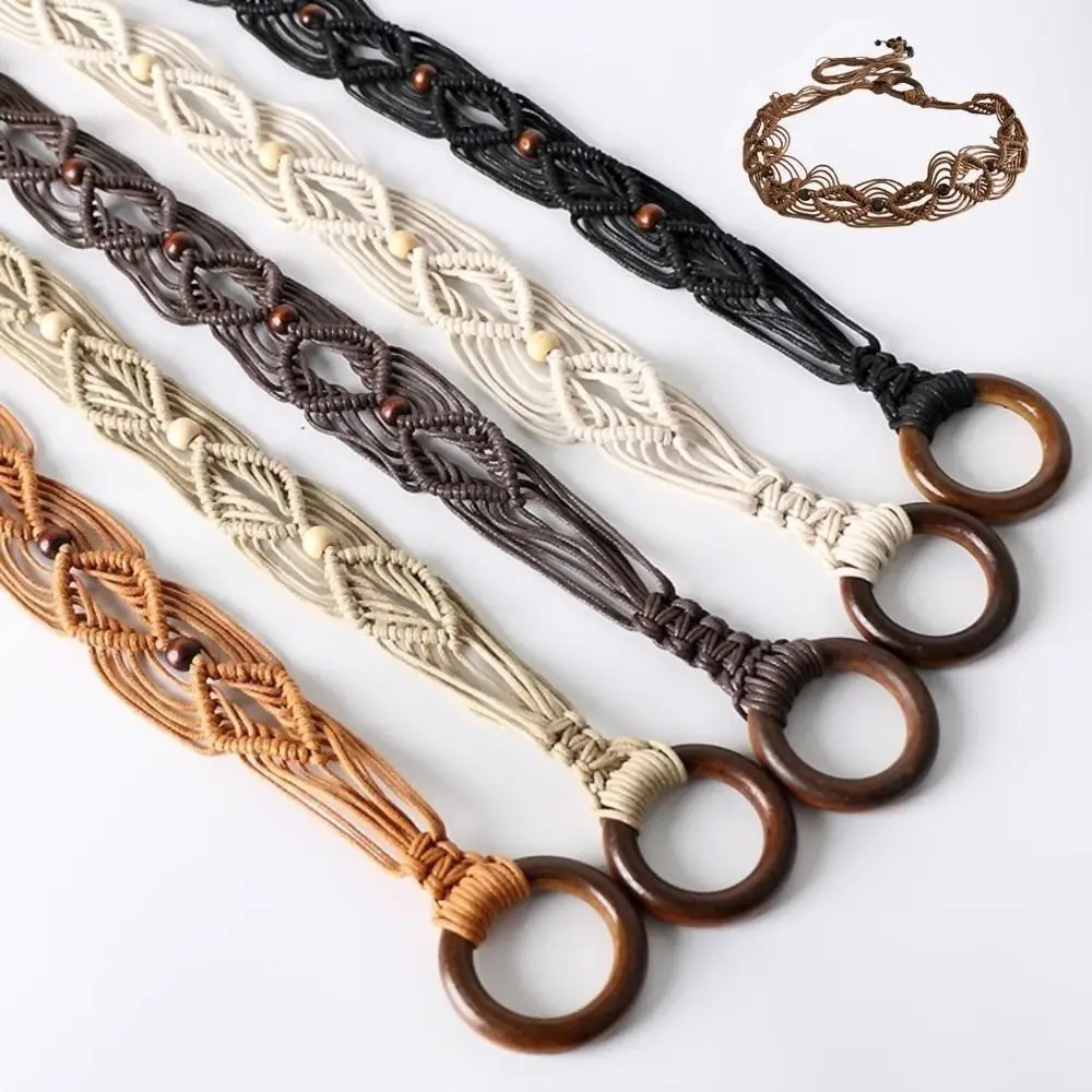 

Casual Wax Rope Female Waist Rope Bohemian Style Wood Bead Decors Dress Waistband Handmade Woven Knot Waist Belt Girls