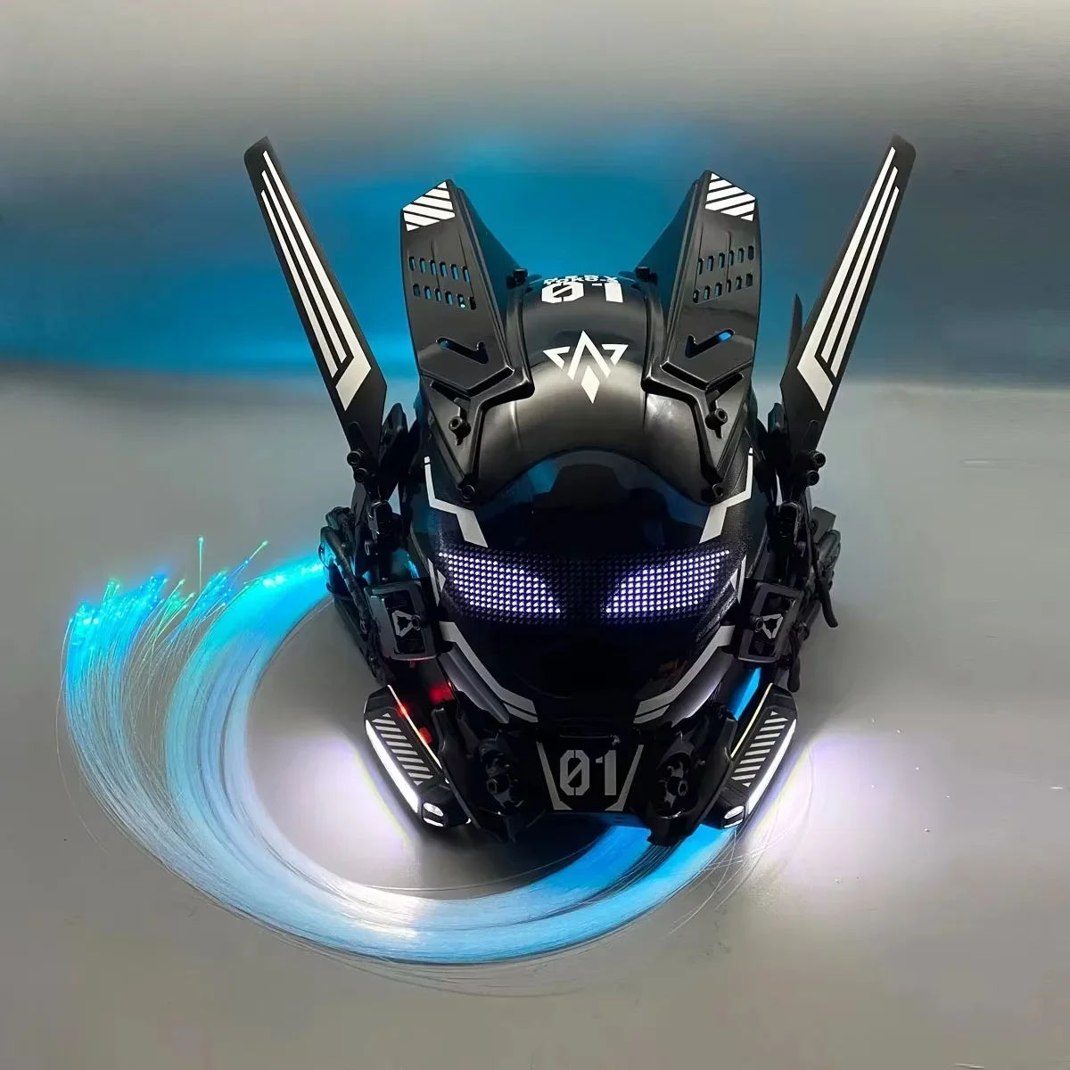 Cyber Punk Mask Sci-Fi Mech Warrior 01 Mask Cosplay Costumes With LED White Screen And Glowing Braid Halloween Party Coser Props