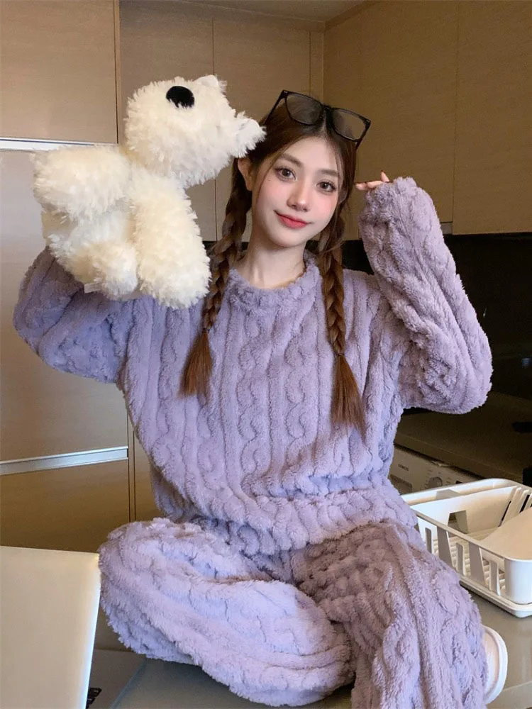 Coral Velvet Thickened Warm Plush Pajama Two-piece Set For Women's Clothing Autumn Winter New Sweet Solid Girls Home Sleepwear