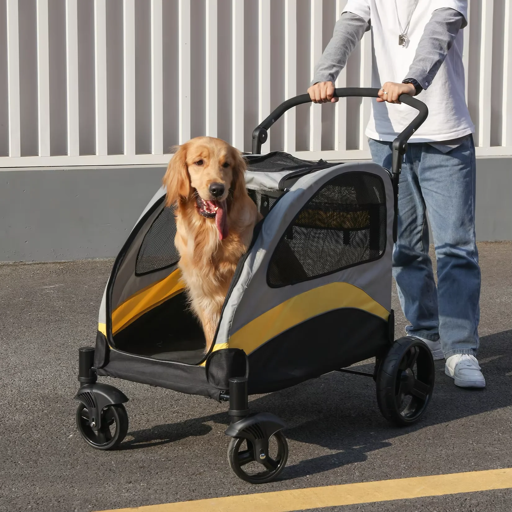 Multi Sized One-click Folding Dog Stroller 4 Wheels Dog Jogger Wagon Stroller Breathable and Visible Mesh for Small to Large Dogs Pet Jogging Carriage Stroller