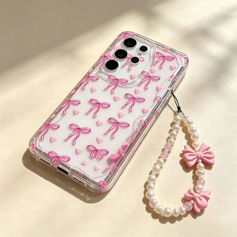 Sweet Bow Heart Chain Casing For Samsung Galaxy S26 Ultra S25 FE S24 S23 S22 S21 Ultra Plus FE  A57 A56 A17 A54 5G bowknot Case
