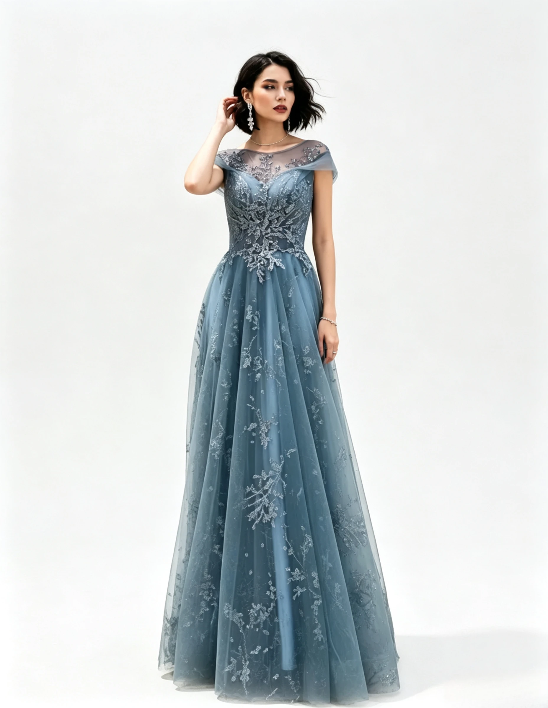 Elegant Floral Tulle Quinceanera Dress Cap Sleeve Illusion Neck Lace Up Back Graduation Party Host Pageant Wedding Evening Gown