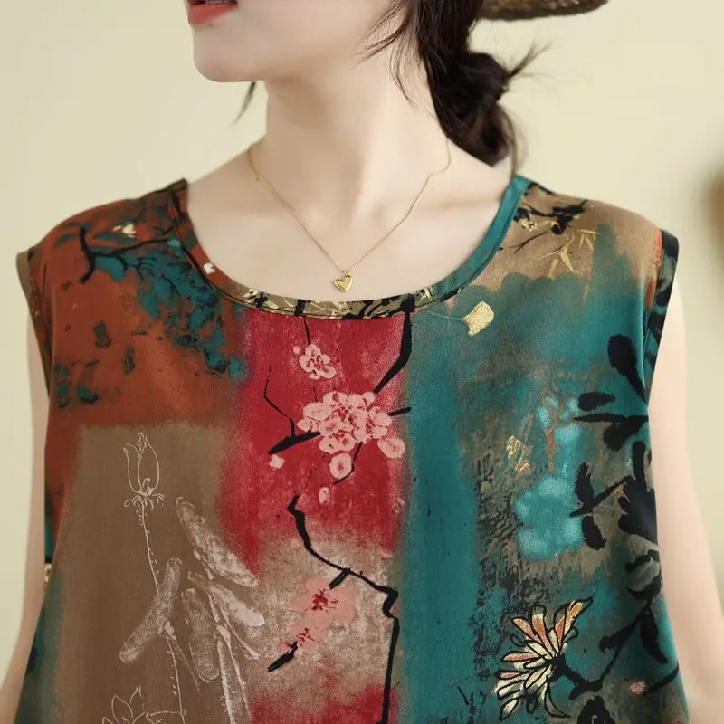 Nuova maglietta da donna ampia e sottile a trapezio Top stampato in stile cinese Canotta versatile ed elegante